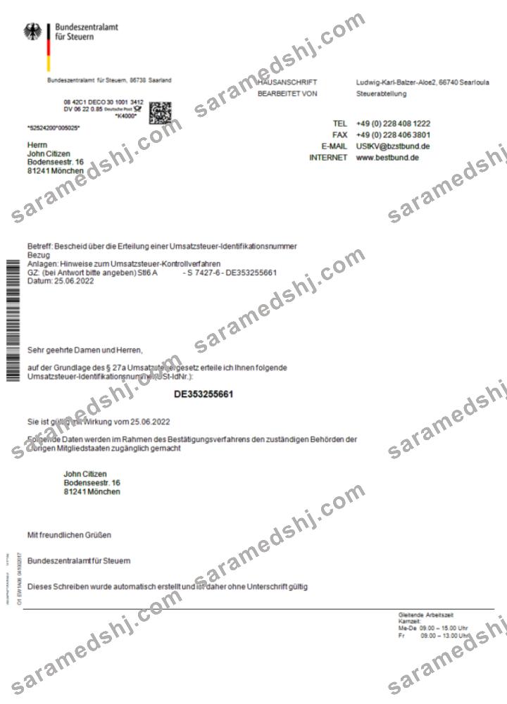 Germany Bundeszentralamt für Steuem certificate Word and PDF template